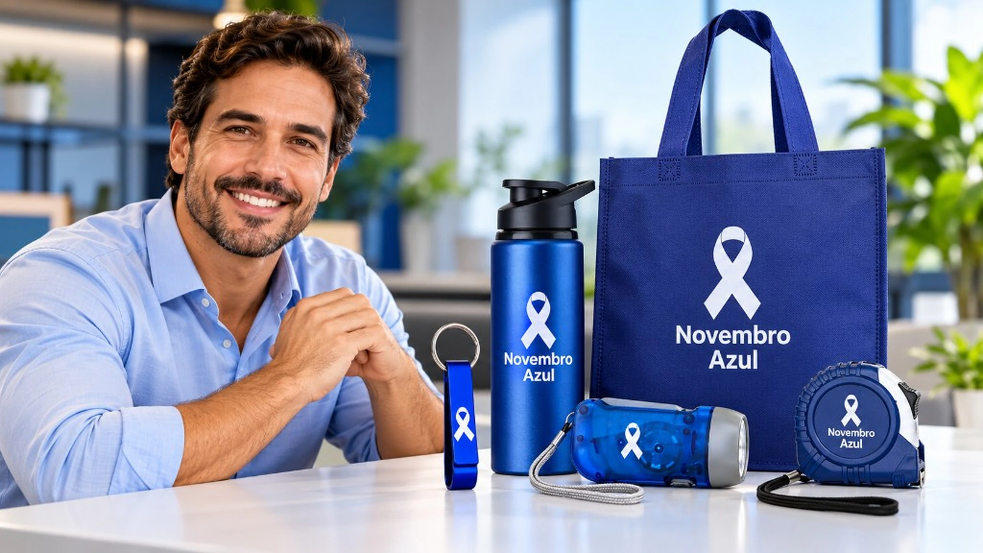 Campanha Novembro Azul com brindes corporativos personalizados em azul